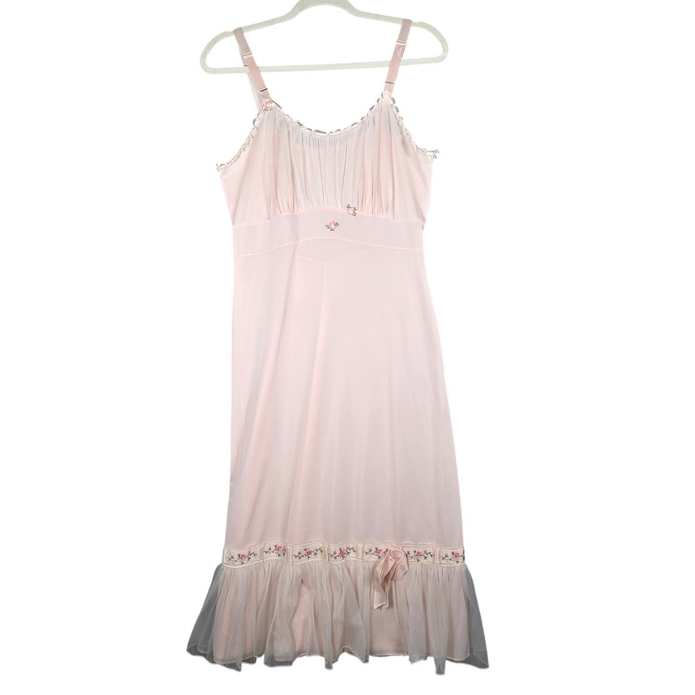 Vintage 50s Laros Pink Full Slip Dress Small Floral Embroidered Coquette Romance